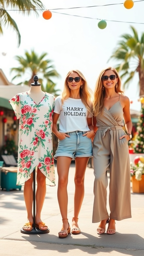 Festive Summer Outfit Ideas for Christmas A collection of summer Christmas outfits including a floral dress, shorts with a holiday tee, and a linen jumpsuit in a sunny outdoor setting.